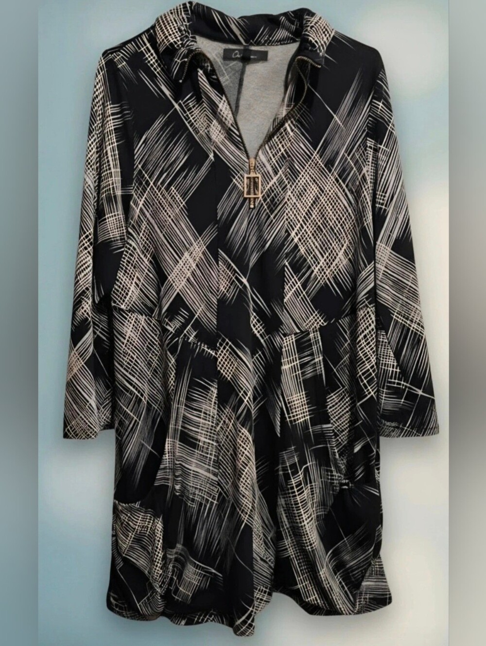Women's Black & White High-Low Dress with Zip Detail